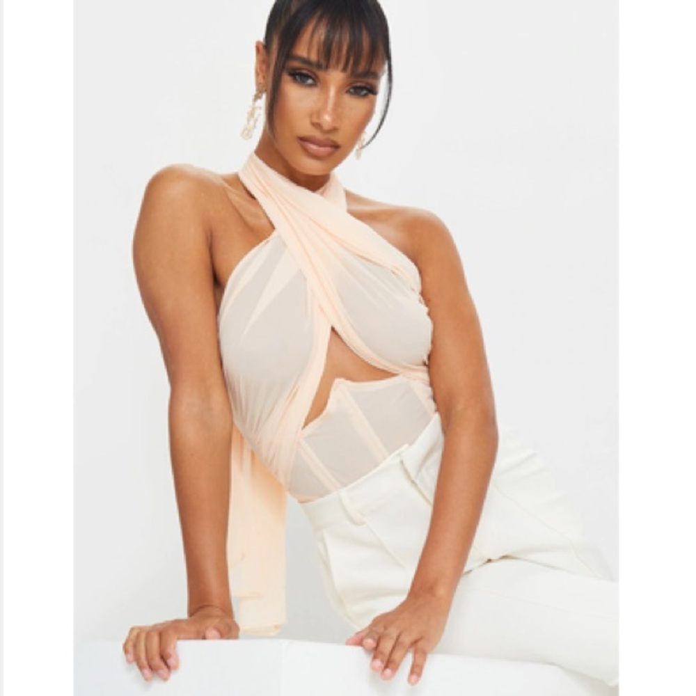 Nude Chiffon Halterneck Underbust Corset Bodysuit